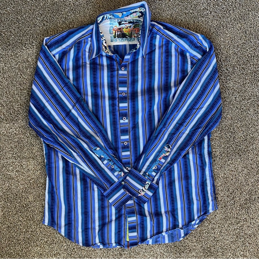 Robert Graham Blue Striped Button Down Long Sleeve Shirt Men’s Size Large Cuff